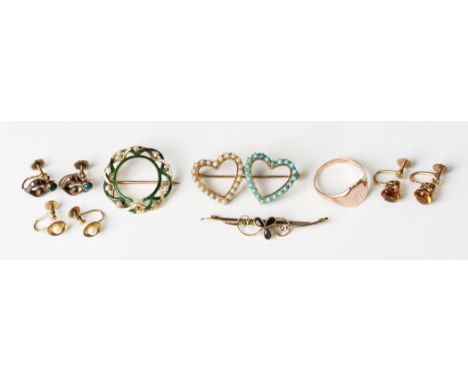 A gold, turquoise and half-pearl brooch, designed as a pair of openwork hearts, one mounted with cabochon turquoises, the oth