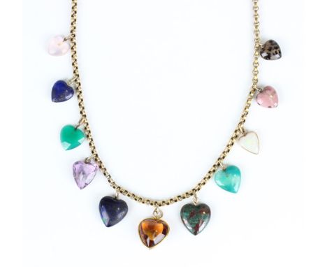 A gold circular link necklace, mounted with a graduated row of varicoloured heart shaped gemstone drops, including citrine, l