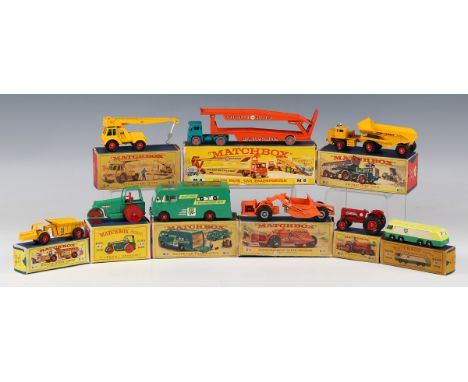 Five Matchbox King Size vehicles, comprising K-2 KW Dart dump truck, K-4 International tractor, K-6 Allis-Chalmers earth scra