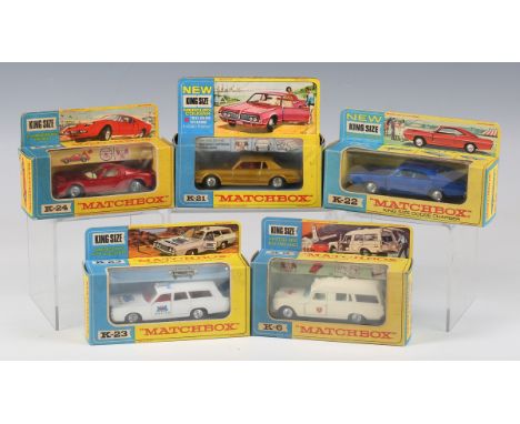 Five Matchbox King Size vehicles, comprising K-6 Mercedes Benz Binz ambulance, K-21 Mercury Cougar, K-22 Dodge Charger, K-23 