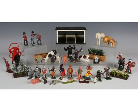 A good collection of Britains and other plastic and lead farm and zoo animals, cowboys, Native Americans and accessories (pla