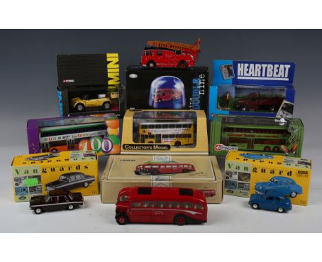 A collection of modern diecast vehicles, including five Corgi Original Omnibus buses, Corgi Hong Kong buses in various liveri