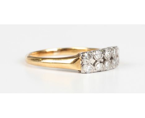 A gold, platinum and diamond ring, mounted with two rows of five circular cut diamonds, indistinct mark, weight 3.3g, ring si