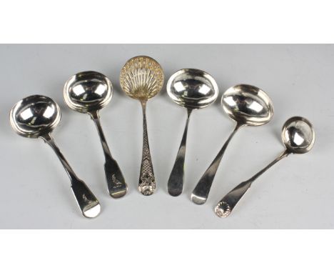 A pair of George III silver Fiddle pattern sauce ladles, London 1813 by Solomon Hougham, length 16.5cm, a pair of silver Old 