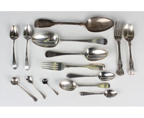 A group of George III and later silver flatware, comprising two tablespoons, dessert spoon, dessert fork, King's pattern spoo