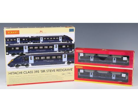 A Hornby gauge OO DCC Ready R.2792 Hitachi Class 395 'Sir Steve Redgrave' train pack, an R.4382 standard coach and an R.4383 