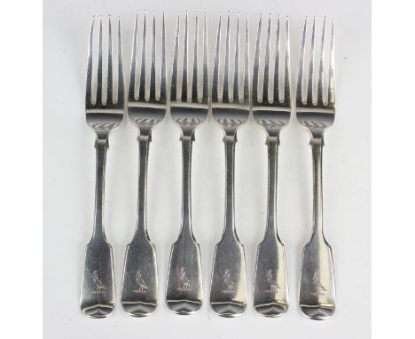 A set of six George IV silver Fiddle pattern table forks, London 1829 by William Eaton, weight 431.7g, length 20cm.Buyer’s Pr