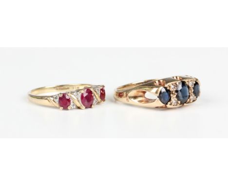 A 9ct gold, ruby and diamond ring, claw set with three oval cut rubies, otherwise set with six small circular cut diamonds at