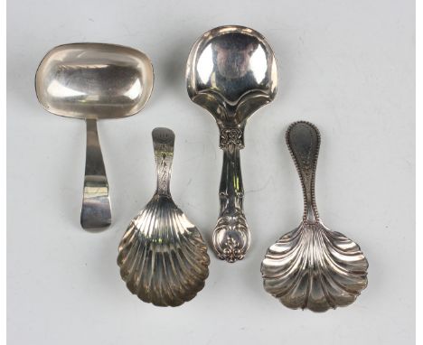 A George III silver caddy spoon with scallop shell bowl and engraved bellflower handle, London 1799 by Edward Mayfield, lengt