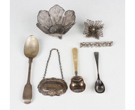 A late Victorian silver caddy shovel with mother-of-pearl handle, Birmingham 1887 by John Millward Banks, length 11cm, a silv