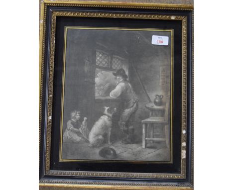 Framed print, Domestic Scene, approx 30cm x 25cm