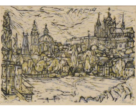 Alan Caine, Prague - a cityscape,woodcut, signed and titled, 30x40cm;together with a biography of the artist 'Alan Caine Pain