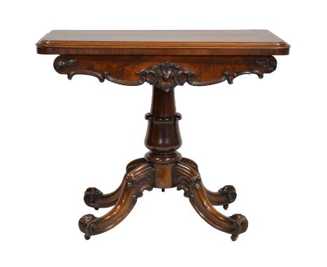 William IV rosewood pedestal card table, baize inset, scrolled and carved frieze, turned column, scrolled legs on casters, wi