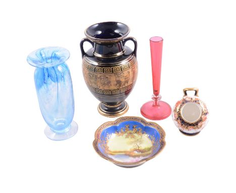 A Berlin KPM porcelain vase, twin goat mask handles, painted floral decoration, 17cm; hive-shape preserve pot; Royal Crown De