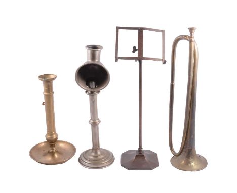 Sherwood Reading Candle Lamp, nickle plated, 38cm; a tabletop adjustable music stand, 45cm; a large brass push-up candlestick
