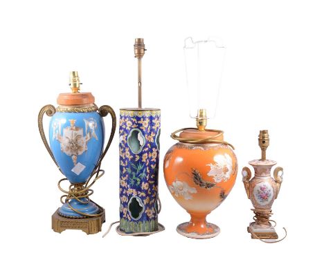 French porcelain and gilt metal mounted urn shape vase, adapted as a table lamp, blue celeste ground, 46cm including fittings