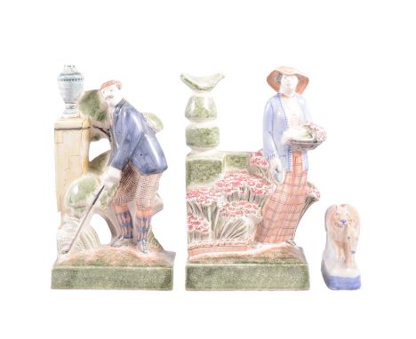 Two large Rye Pottery flatback figures, Female Gardener, and Male Golfer, each 26cm; and a group of running greyhounds, 9cm.
