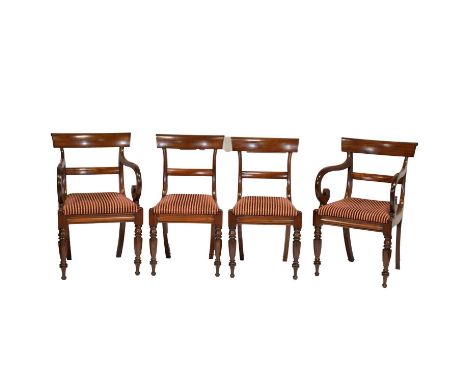 Set of seven William IV mahogany bar back dining chairs, including two elbow chairs, striped upholstery; together with a Chip