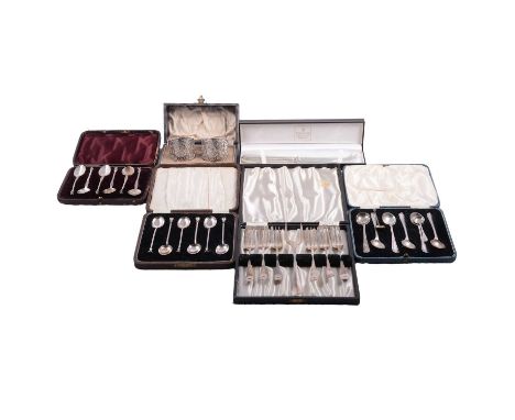 Cased set of six cake forks with serving fork, WW&amp;S, Birmingham 1942, cased coffee spoons; cased seal top spoons; cake kn