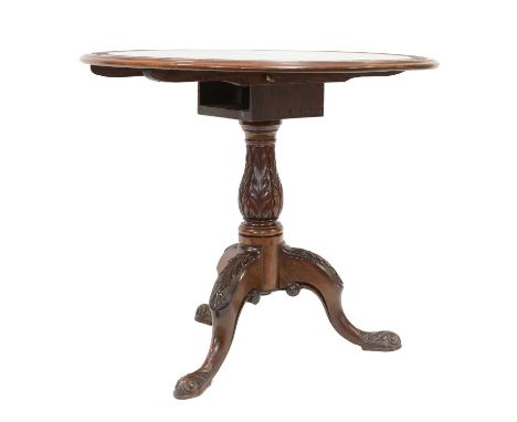 Carved mahogany tripod table, late 19th century, the circular top with carved border (split), on a birdcage pedestal, carved 