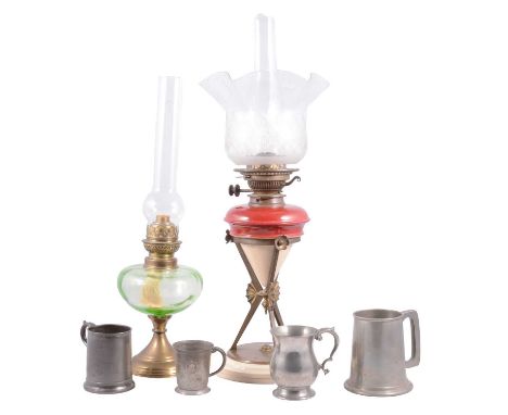 Aesthetic style pottery oil lamp, raised on a gilt metal stand, etched glass shade, overall height 60cm including chimney; an