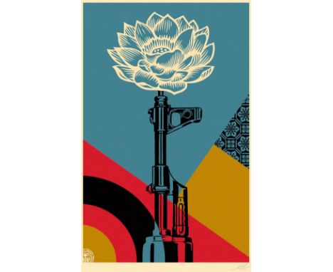 Shepard Fairey - AK-47 Lotus, 2024Offset print on cream Speckletone paper, signed in pencil, not numbered. Very good conditio
