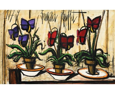 Bernard BUFFET (1928-1999) Trois pots de pensées- 1979. Huile sur toile. Signé et daté "Bernard Buffet 79" . Au veso : étique