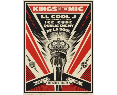 Shepard Fairey - Kings of the Mic, 2013Screenprint on cream Speckletone paper, hand signed by Shepard Fairey, Z-Trip, and LL 