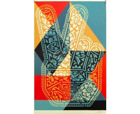 Shepard Fairey - Peace Fingers, 2024Offset print on cream Speckletone paper, signed in pencil, not numbered. Very good condit