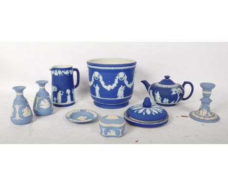 A collection of vintage 20th century Wedgwood Jasperware china comprising of jardiniere / planter, teapot, jug, candlestick, 