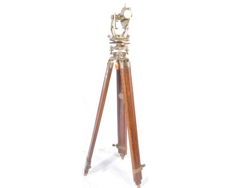 Meteorology Interest - A vintage 20th century brass Breithaupt theodolite upon a mahogany brass bound floor stand. Measures 1