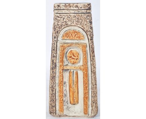 A vintage 20th century circa. 1970's Troika pottery coffin vase ornament of tapering obelisk form having a brown ground with 