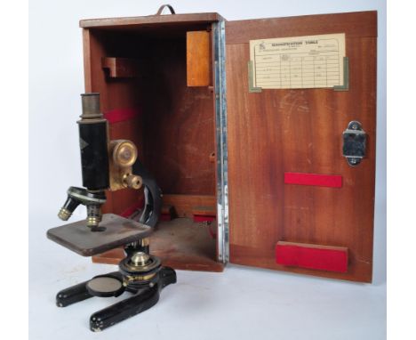 A vintage 20th century circa. 1940's&nbsp;W.R. Prior &amp; Co microscope having an ebonised body and brass fittings. Held wit