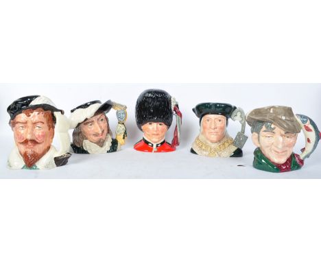 A collection of five vintage 20th century ceramic Royal Doulton toby jugs. To include The Guardsman D6755, Scaramouche D6774 