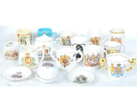 A collection of vintage commemorative mugs, cups, saucers and teapot. With members of the Royal family and occasions to inclu