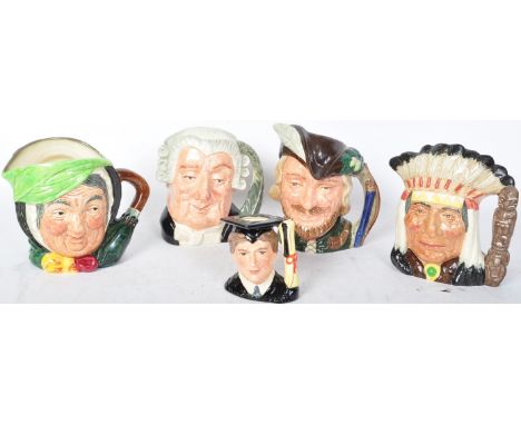 A collection of five vintage 20th century ceramic Royal Doulton toby jugs. To include Robin Hood D6527, The Lawyer D6498, Sai