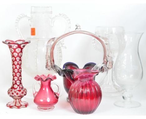 An assortment of Victorian 19th century Dutch clear etched glass, together with vintage cranberry glass &amp; ruby flash glas