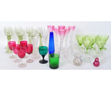 A collection of vintage early 20th century and later glass to include a Stuart crystal cut vase, a set of pale green roemer w