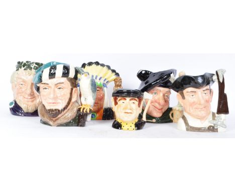 A collection of five vintage 20th century ceramic Royal Doulton toby jugs. To include Bacchus D6499, The Falconer D6533, Nort