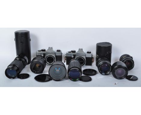 A collection of vintage 20th century photographic cameras and lenses to include Praktica MTL5, Praktica Super TL1000, Tamron 