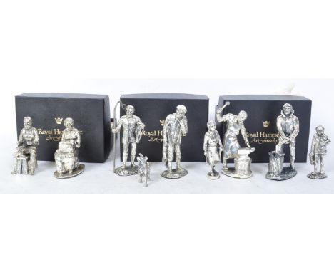 A collection of eight vintage 20th century Royal Hampshire Art Foundry metal figurines in the form of a shepherd, a poacher, 
