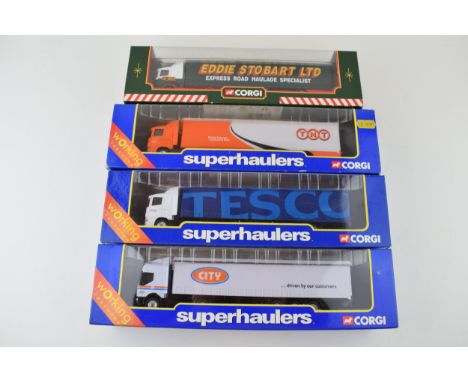 Four boxed Corgi 'Super Haulers' die cast model lorries to include, 'TNT', 'Tesco', 'City' and 'Eddie Stobart'. (4)