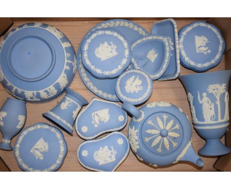 A collection of Wedgwood Jasperware in Wedgwood blue to include 8" bowl, lidded pots and a vase. (14)  Presents well. Teapot 