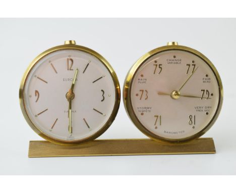 Vintage Europa barometer cum clock, freestanding, 13.5cm wide.