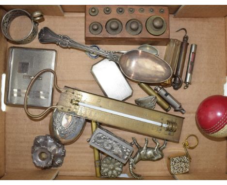 Collection of Metal Item to include a Set of Brass Weights, Hip Flask, Cigarette Cases, Pill Boxes and Spoons  All in good us