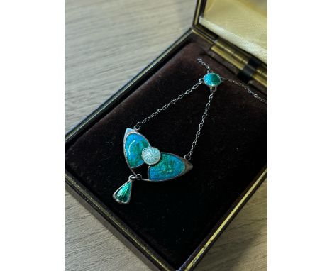 Edwardian Art Nouveau Silver &amp; Enamel Pendant Necklace By Charles Horner Early 1900s Excellent condition with modern box