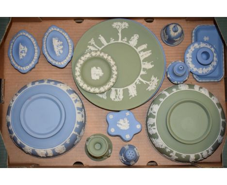 A collection of Wedgwood Jasperware items to include sage green 8" sacrifice bowl, Wedgwood blue 8" sacrifice bowl, three Wed