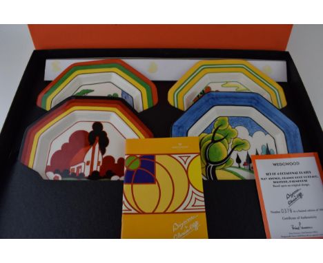 Boxed Wedgwood 'Bizarre by Clarice Cliff' range limited edition of 1000. Set of four octagonal plates. May Avenue, Orange Roo