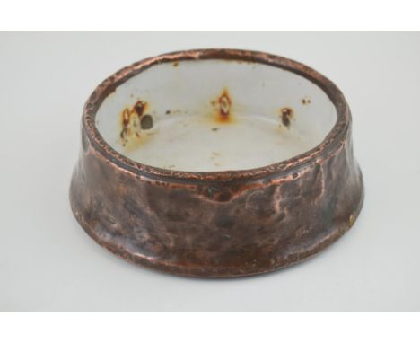 Arts &amp; Crafts Style Enamel Dog Bowl with Hammered Copper Exterior, cast metal base. Height 12cm.  Good condition with sig