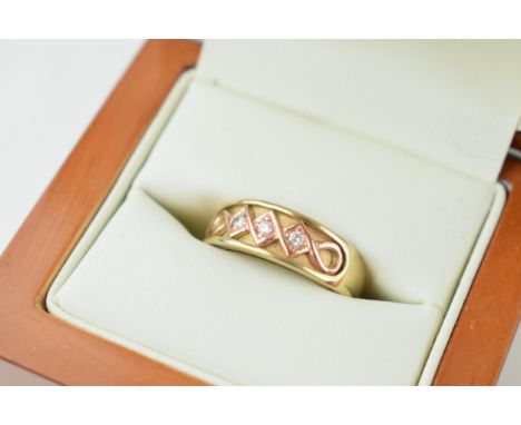 9ct gold ring, Clogau, set diamonds, ornate setting, boxed, size O/P, 4.9g.